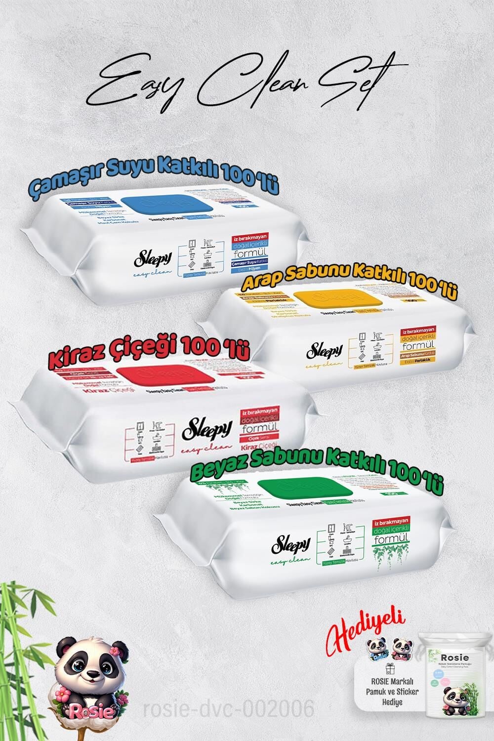 Sleepy  Çamaşır Suyu, Arap sabunu, Beyaz Sabun ve Kiraz Yüzey Temizlik Havlusu ve Hediye Rosie