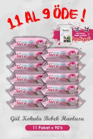 11 Al 9 Öde Bebek Islak Mendili Gül Kokulu 90 Yaprak ve Rosie
