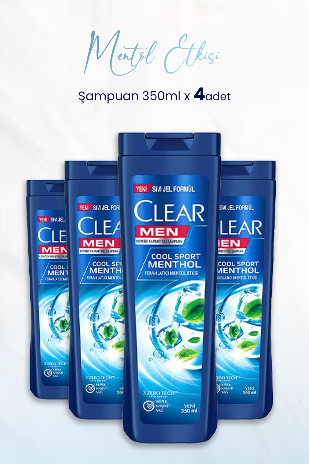 Clear Men Kepeğe Karşı Etkili Şampuan Ferahlatıcı Mentol Etkisi 350 ml x 4 Adet
