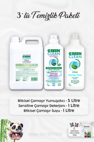 Green Clean Bitkisel Çamaşır Yumuşatıcı 5 lt, Çamaşır Deterjanı 1 lt, Çamaşır Suyu 1lt ve ROSIE
