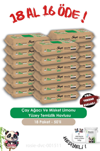 Sleepy 18 AL 16 ÖDE Bio Çözünür Çay Ağacı Ve Misket Limonu Yüzey Temizlik Havlusu 50'li ve ROSIE