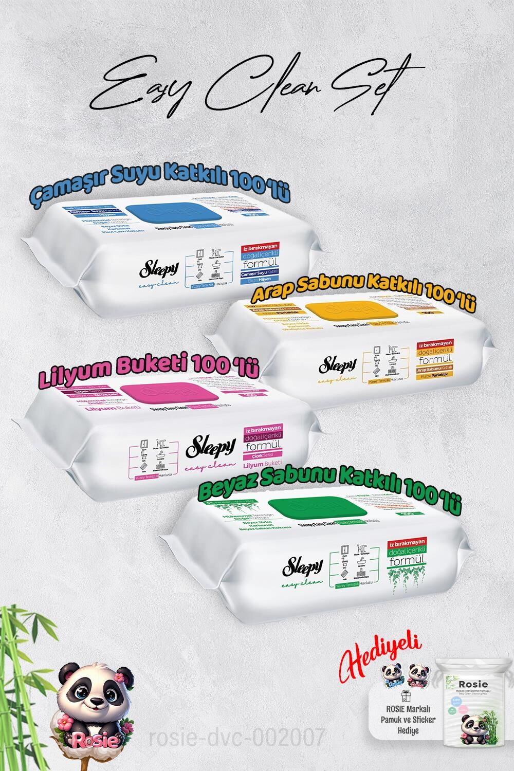 Sleepy  Çamaşır Suyu, Arap sabunu, Beyaz Sabun ve Lilyum Yüzey Temizlik Havlusu ve Hediye Rosie