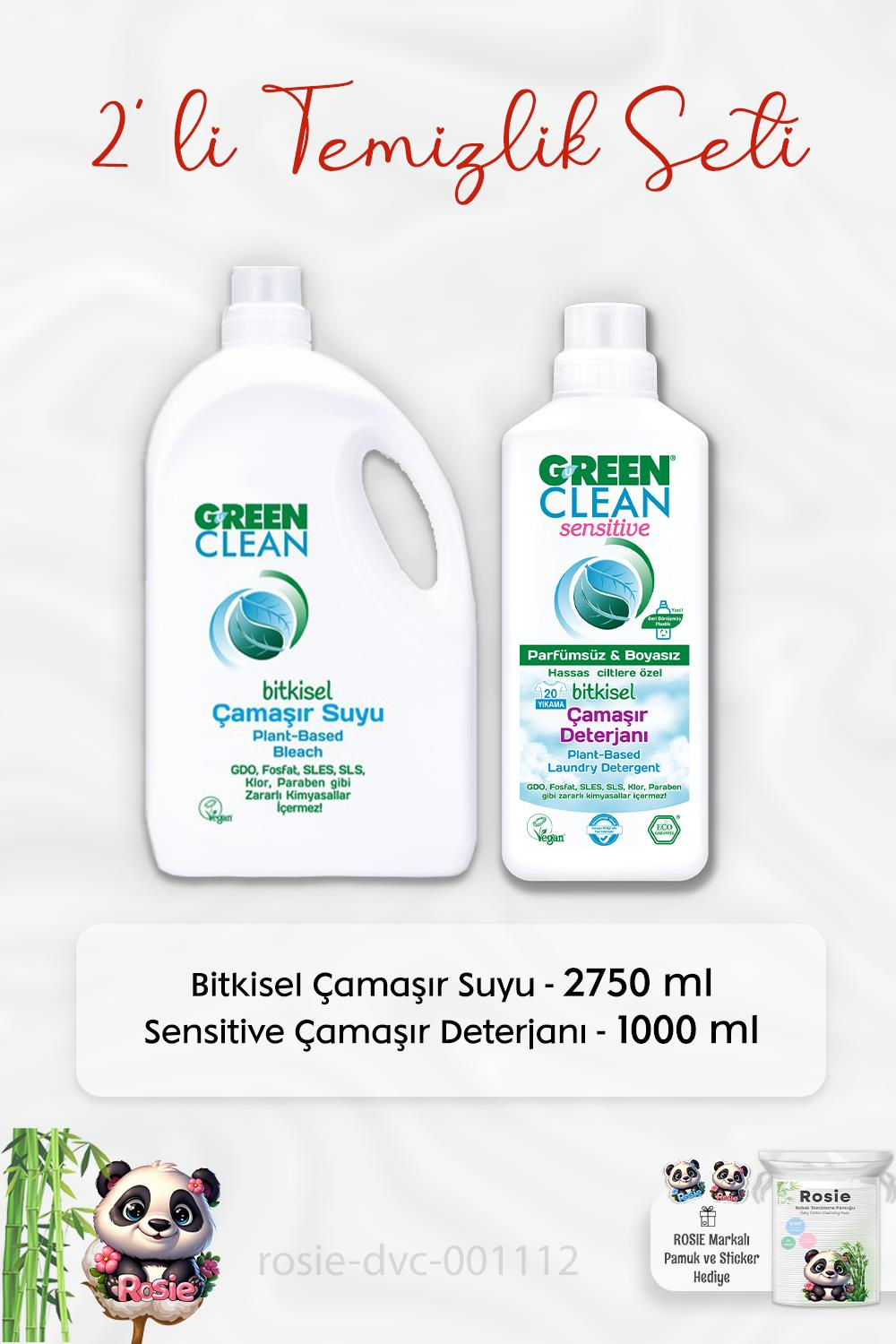 Green Clean Çamaşır Suyu 2750 ml, Sensitive Çamaşır Deterjanı 1 lt ve ROSIE