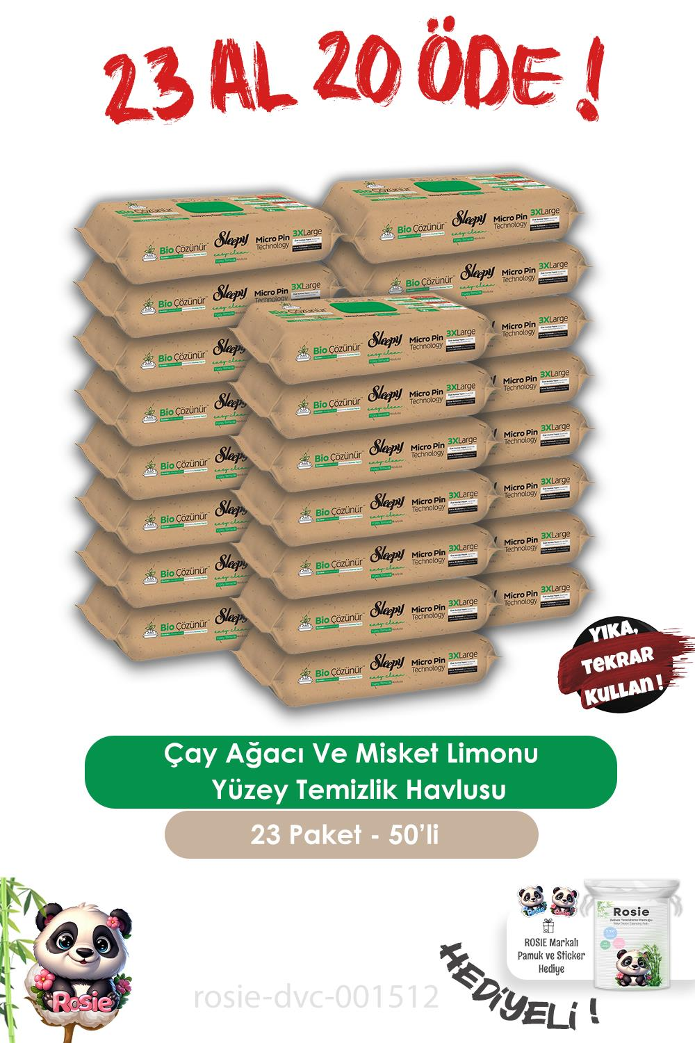 Sleepy 23 AL 20 ÖDE Bio Çözünür Çay Ağacı Ve Misket Limonu Yüzey Temizlik Havlusu 50'li ve ROSIE