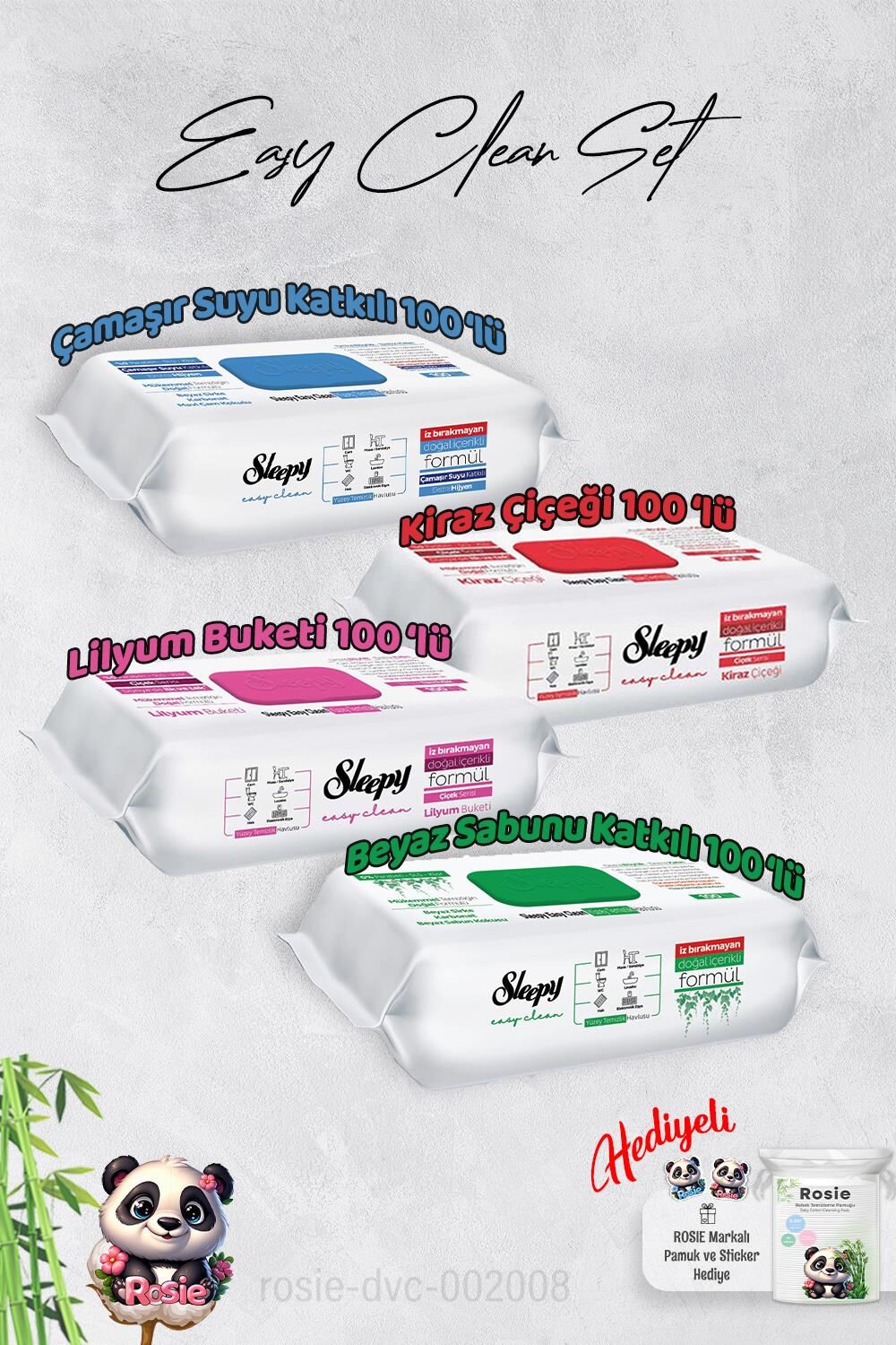 Sleepy  Çamaşır Suyu, Kiraz Çiçeği, Beyaz Sabun ve Lilyum Yüzey Temizlik Havlusu ve Hediye Rosie