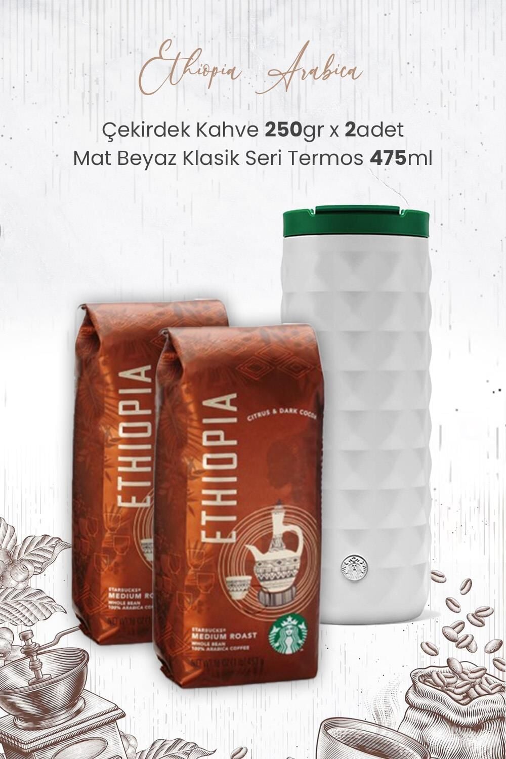 Starbucks Ethiopia Arabica Çekirdek Kahve 250 gr x 2 Adet ve Mat Beyaz Termos 473 ml