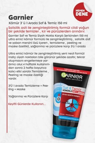 Garnier Kömür 3' ü 1 Arada Saf & Temiz 150 ml