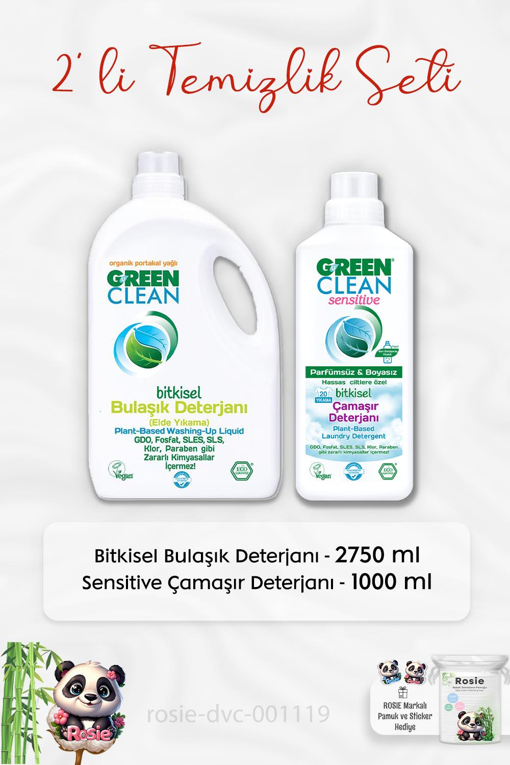 Green Clean Bulaşık Deterjanı 2750 ml, Sensitive Çamaşır Deterjanı ve ROSIE
