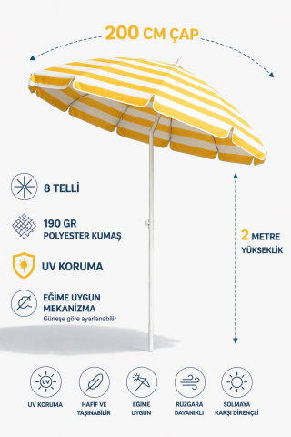 Sarı Beyaz 200cm, 8 telli Plaj Şemsiyesi