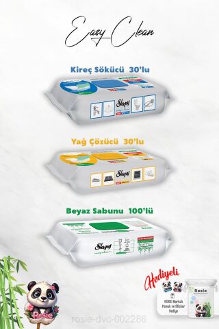 Beyaz Sabun Katkılı 100'lü, Kireç ve Yağ Çözücü 30'lu Temizlik Havlusu ve Rosie Hediye