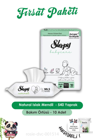 Sleepy 6 Adet  Natural Yenidoğan Islak Mendili 90 Adet,Bebek Örtüsü 10'lu ve ROSIE