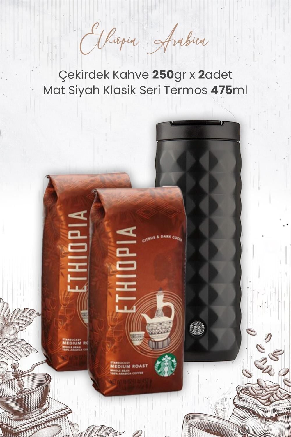 Starbucks Ethiopia Arabica Çekirdek Kahve 250 gr x 2 Adet ve Mat Siyah Termos 473 ml