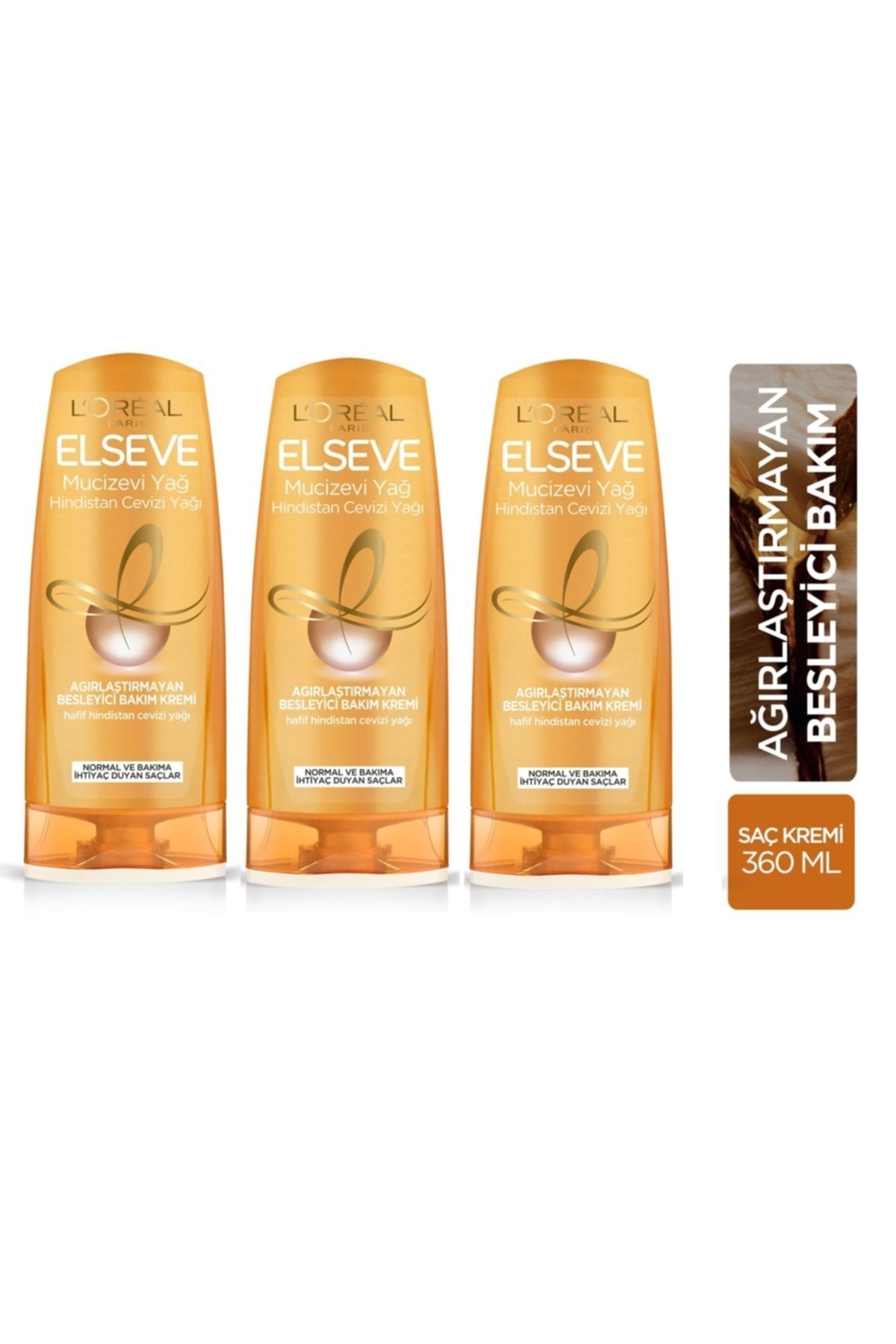 Elseve Loreal Paris Mucizevi Hindistan Cevizi Yağı Ağırlaştırmayan Besleyici Saç Kremi 360 Ml X 3 Adet
