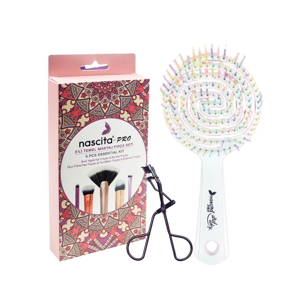 Nascita Üç Boyutlu Saç Fırçası Beyaz, Kirpik Kıvırıcı ve Temel Makyaj 5' li Fırça Seti
