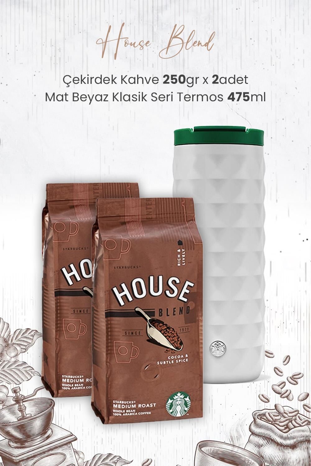 Starbucks House Blend Çekirdek Kahve 250 gr x 2 Adet ve Mat Beyaz Termos 473 ml