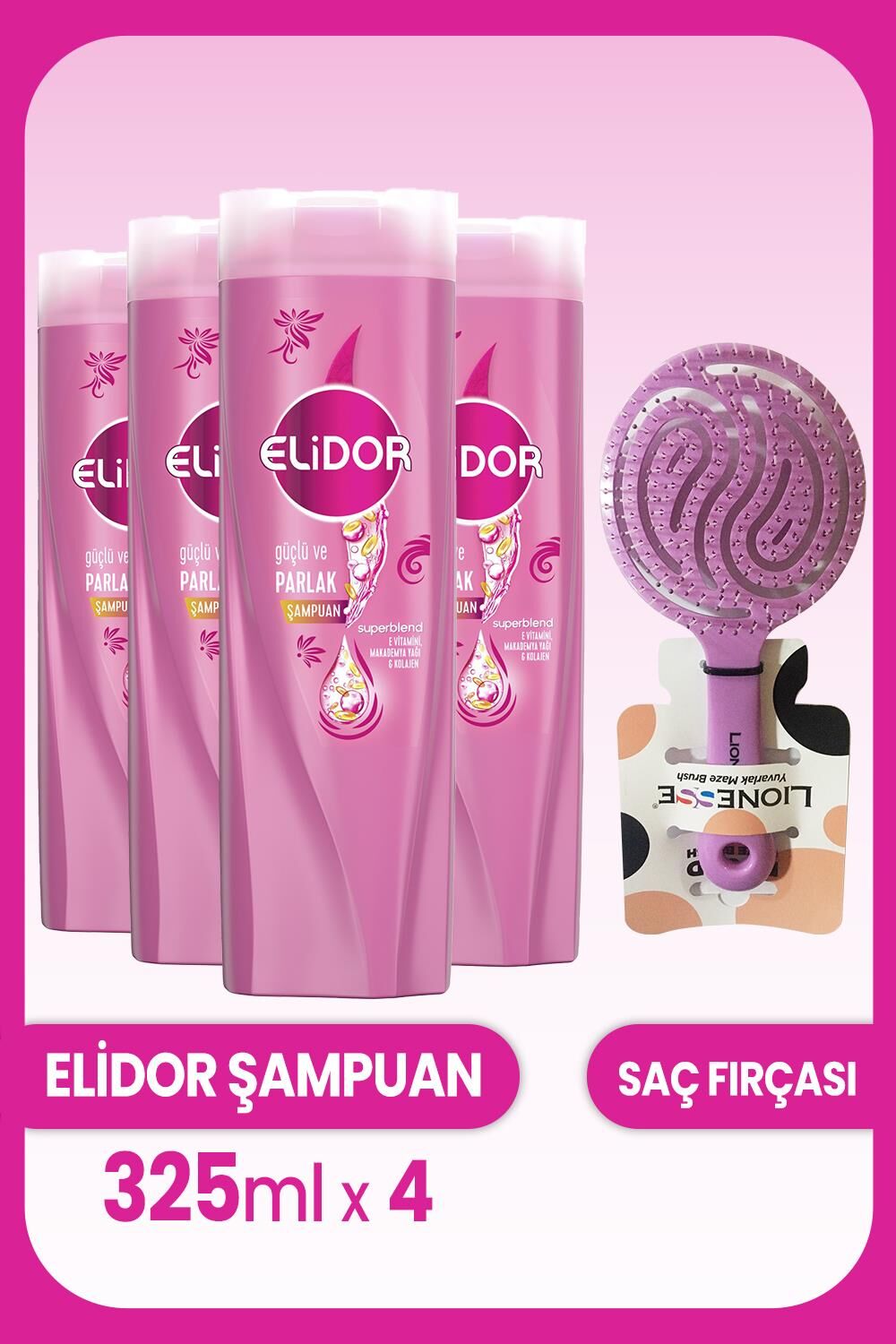 Elidor Superblend Güçlü Parlak Şampuan 325 ml x 4 Adet ve Saç Fırçası
