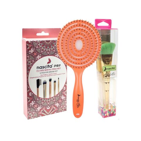 Nascita Üç Boyutlu Saç Fırçası Turuncu, Göz Makyaj 5'li Fırça Seti ve Açılı Fondöten Fırçası