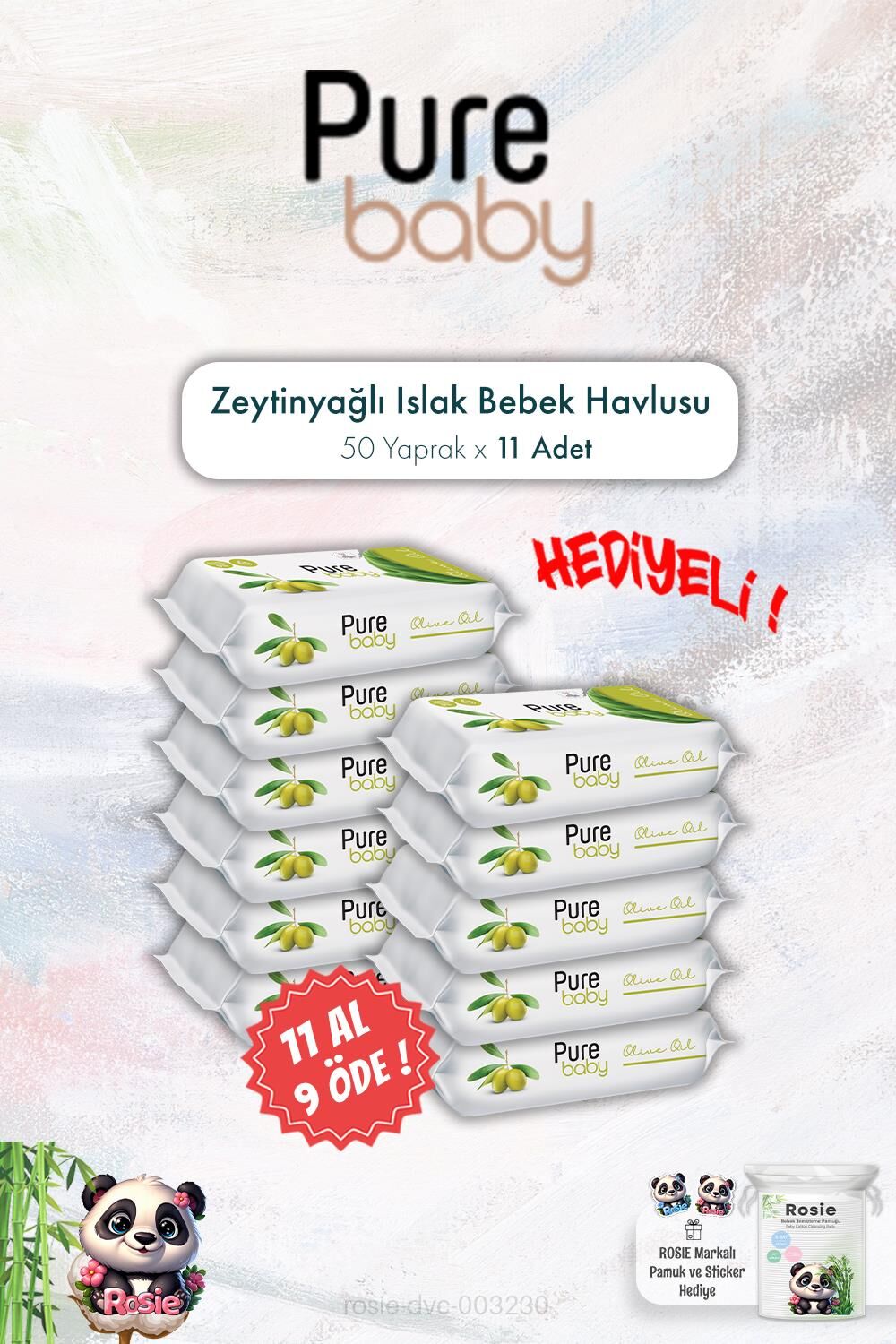 50'li Zeytinyağlı 11 AL 9 ÖDE Pure Baby Islak Bebek Havlusu ve ROSIE