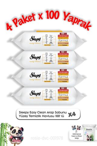 Sleepy Arap Sabun Katkılı Yüzey Mendili 100'lü X 4 ve Rosie pamuk