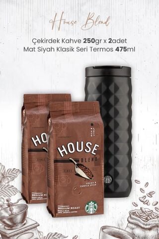 Starbucks House Blend Çekirdek Kahve 250 gr x 2 Adet ve Mat Siyah Termos 473 ml