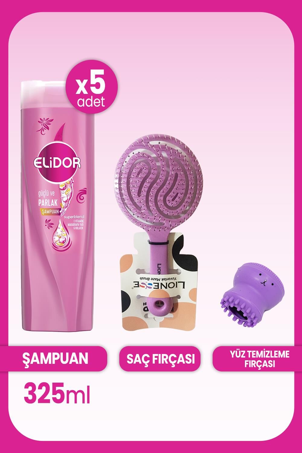 Elidor Superblend Güçlü Parlak Şampuan 325 ml x 5 Adet, Saç Fırçası ve Yüz Temizleme Fırçası