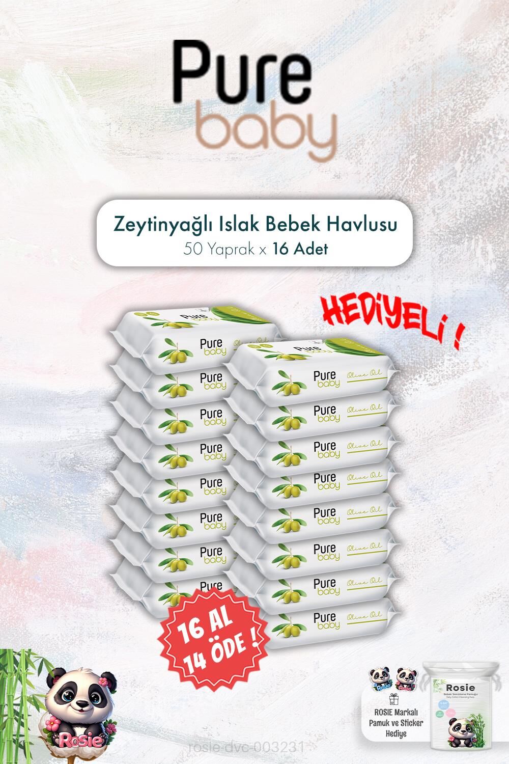 16 AL 14 ÖDE Pure Baby 50'li Zeytinyağlı Islak Bebek Havlusu ve ROSIE