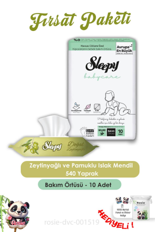 Sleepy 6 Adet Doğal Zeytinyağlı ve Pamuklu Islak Mendil 90'lı,Bebek Örtüsü 10'lu ve ROSIE