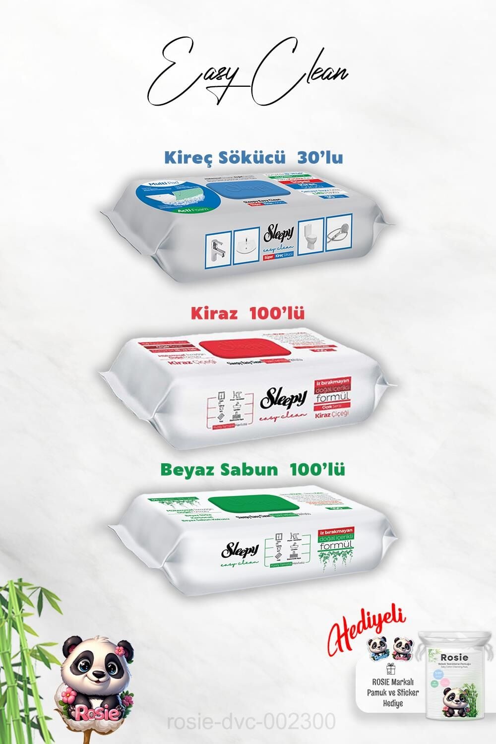 Kireç Sökücü 30'lu, Kiraz ve Beyaz Sabun Katkılı Sleepy 100'lü Temizlik Havlusu ve Rosie Hediye