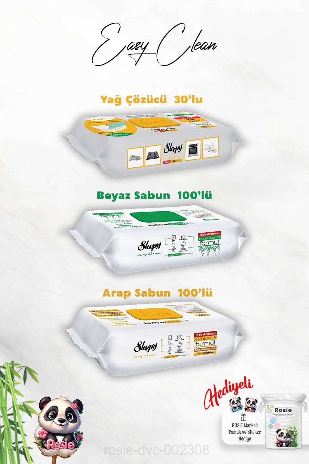 Beyaz ve Arap Sabun Katkılı Sleepy 100'lü, Yağ Çözücü 30'lu Temizlik Havlusu ve Rosie Hediye