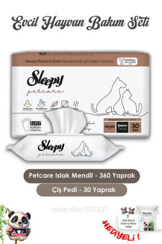 Sleepy 6 Adet Petcare Evcil Hayvan Islak Havlusu 60'lı, Bakım Örtüsü 30'lu ve ROSIE