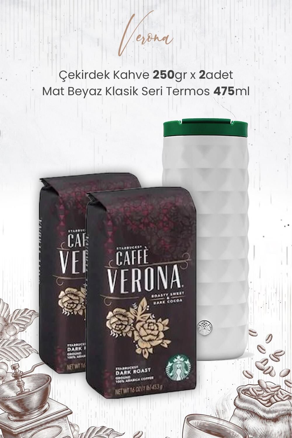 Starbucks Verona Çekirdek Kahve 250 gr x 2 Adet ve Mat Beyaz Termos 473 ml