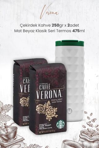 Starbucks Verona Çekirdek Kahve 250 gr x 2 Adet ve Mat Beyaz Termos 473 ml