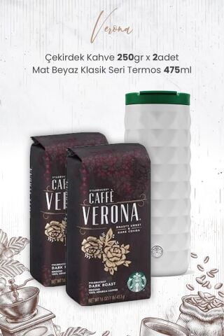 Starbucks Verona Çekirdek Kahve 250 gr x 2 Adet ve Mat Beyaz Termos 473 ml