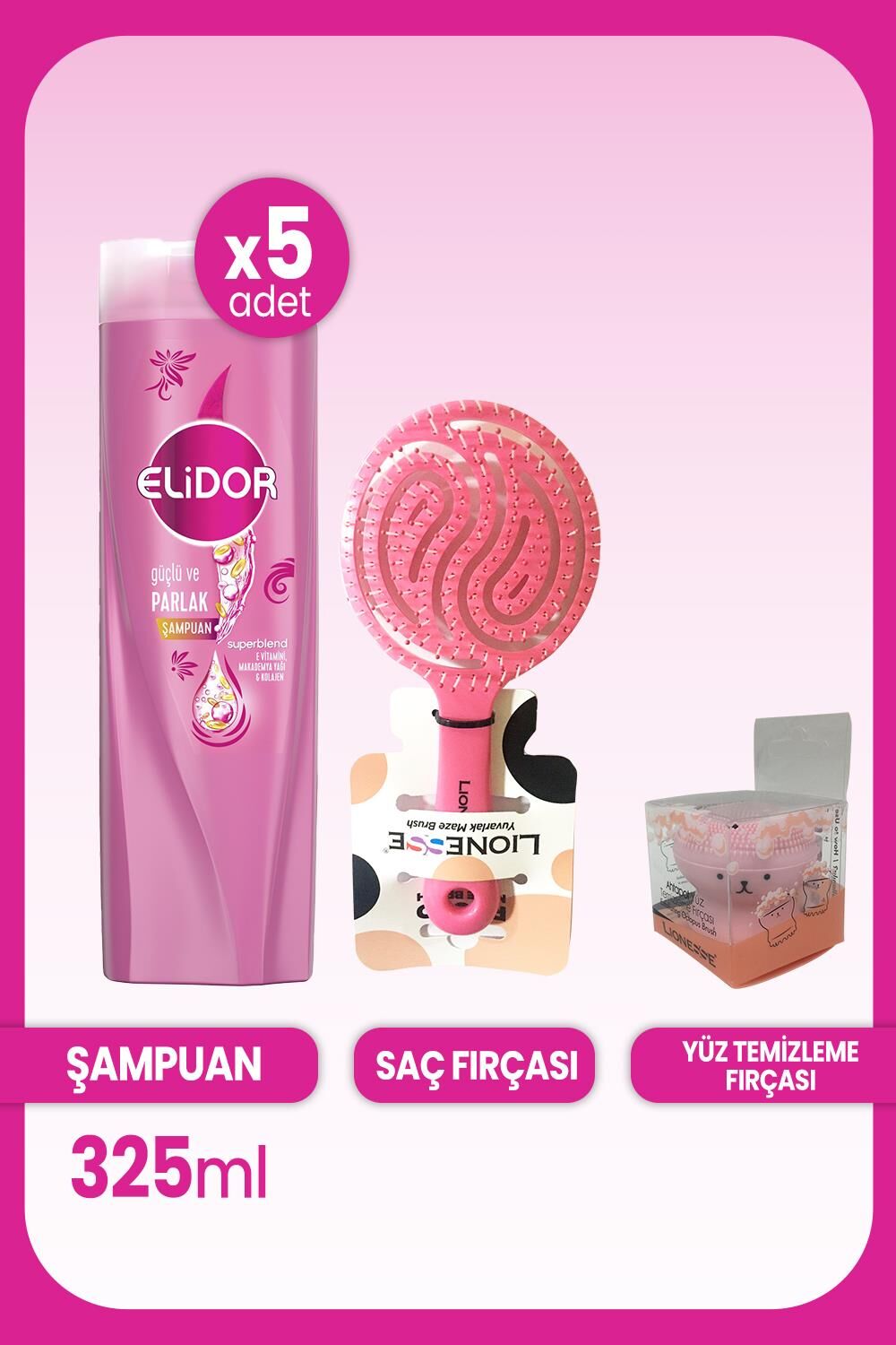 Elidor Superblend Güçlü ve Parlak Şampuan 325 ml x 5 Adet & Saç ve Yüz Fırçası