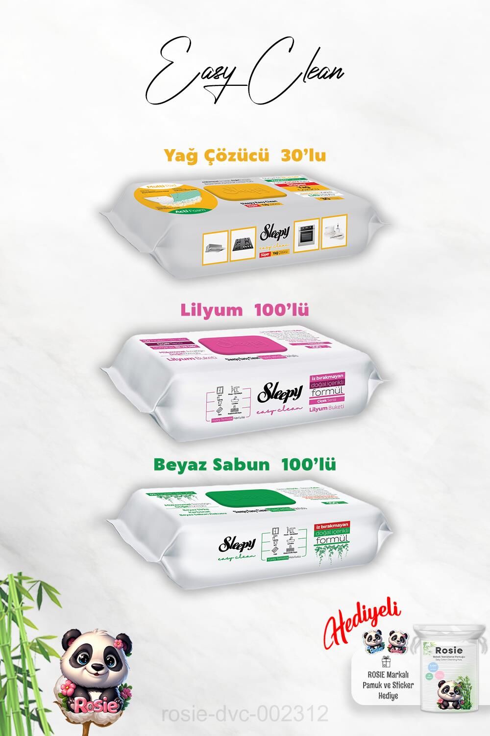 Beyaz Sabun ve Lilyum Katkılı Sleepy 100'lü, Kireç Sökücü 30'lu Temizlik Havlusu ve Rosie Hediye