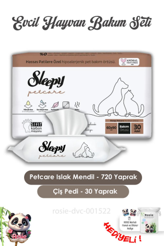 Sleepy 12 Adet Petcare Evcil Hayvan Islak Havlusu 60'lı, Bakım Örtüsü 30'lu ve ROSIE