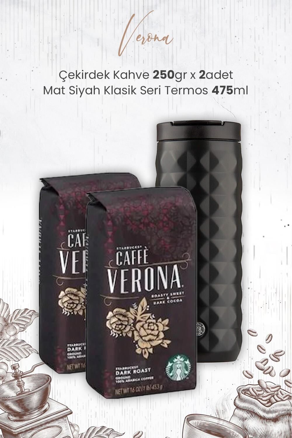 Starbucks Verona Çekirdek Kahve 250 gr x 2 Adet ve Mat Siyah Termos 473 ml