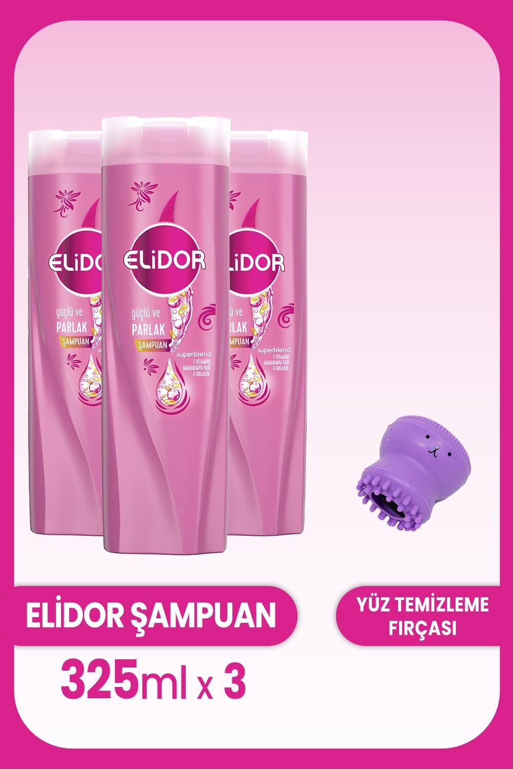 Elidor Superblend Güçlü ve Parlak Şampuan 325 ml x 3 Adet ve Yüz Fırçası