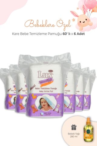 Lux Bebe Temizleme Pamuğu Kare 60' lı x 6 Adet ve Bebek Yağı