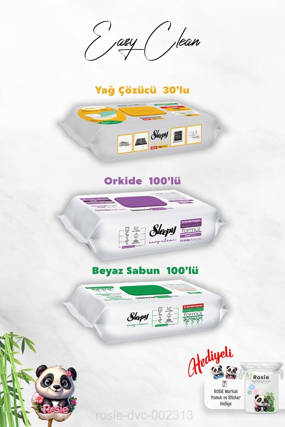 100'lü Orkide ve Beyaz Sabun Katkılı Sleepy, Yağ Çözücü 30'lu Temizlik Havlusu ve Rosie Hediye