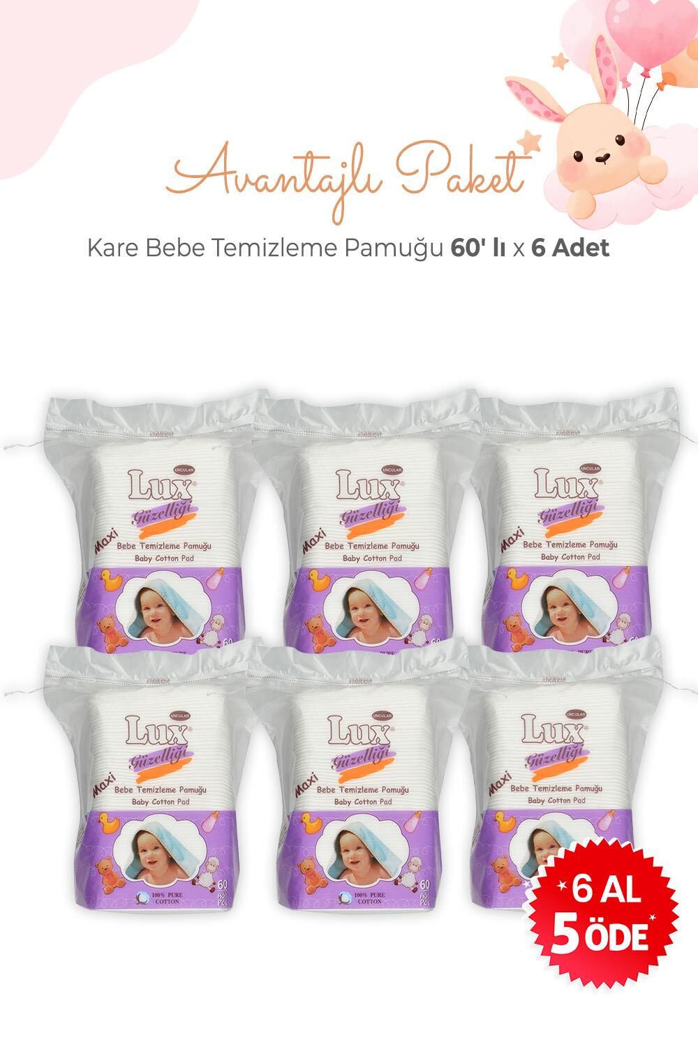 Lux 6 Al 5 Öde Kare Bebe Temizleme Pamuğu 60' lı