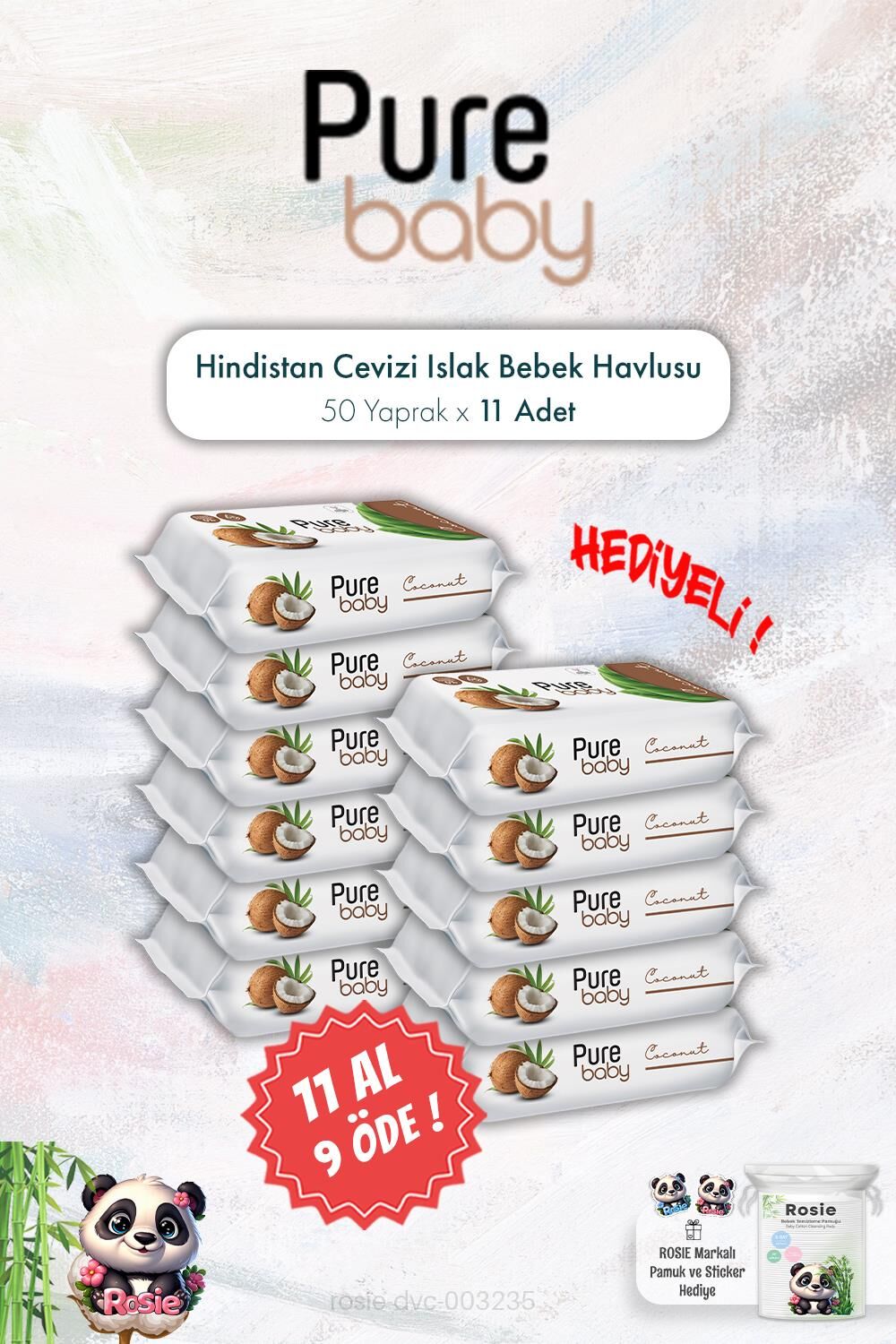 50'li Hindistan Cevizli 11 AL 9 ÖDE Pure Baby Islak Bebek Havlusu ve ROSIE