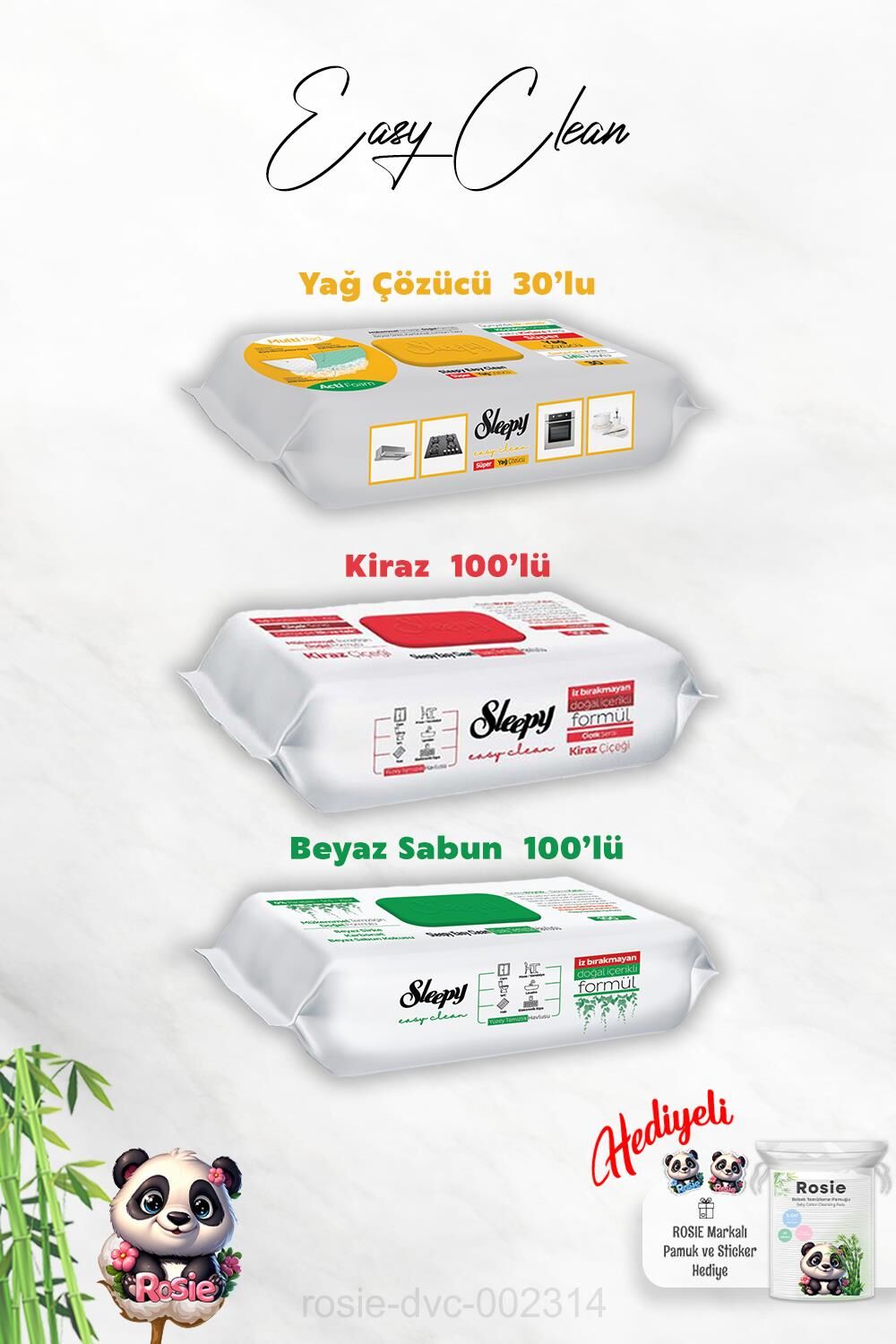 Kireç Sökücü 30'lu, Kiraz ve Beyaz Sabun Katkılı Sleepy 100'lü Temizlik Havlusu ve Rosie Hediye