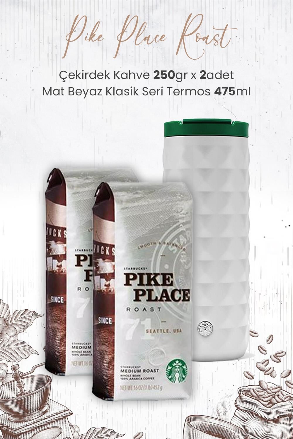 Starbucks Pike Place Roast Çekirdek Kahve 250 gr x 2 Adet ve Mat Beyaz Termos 473 ml