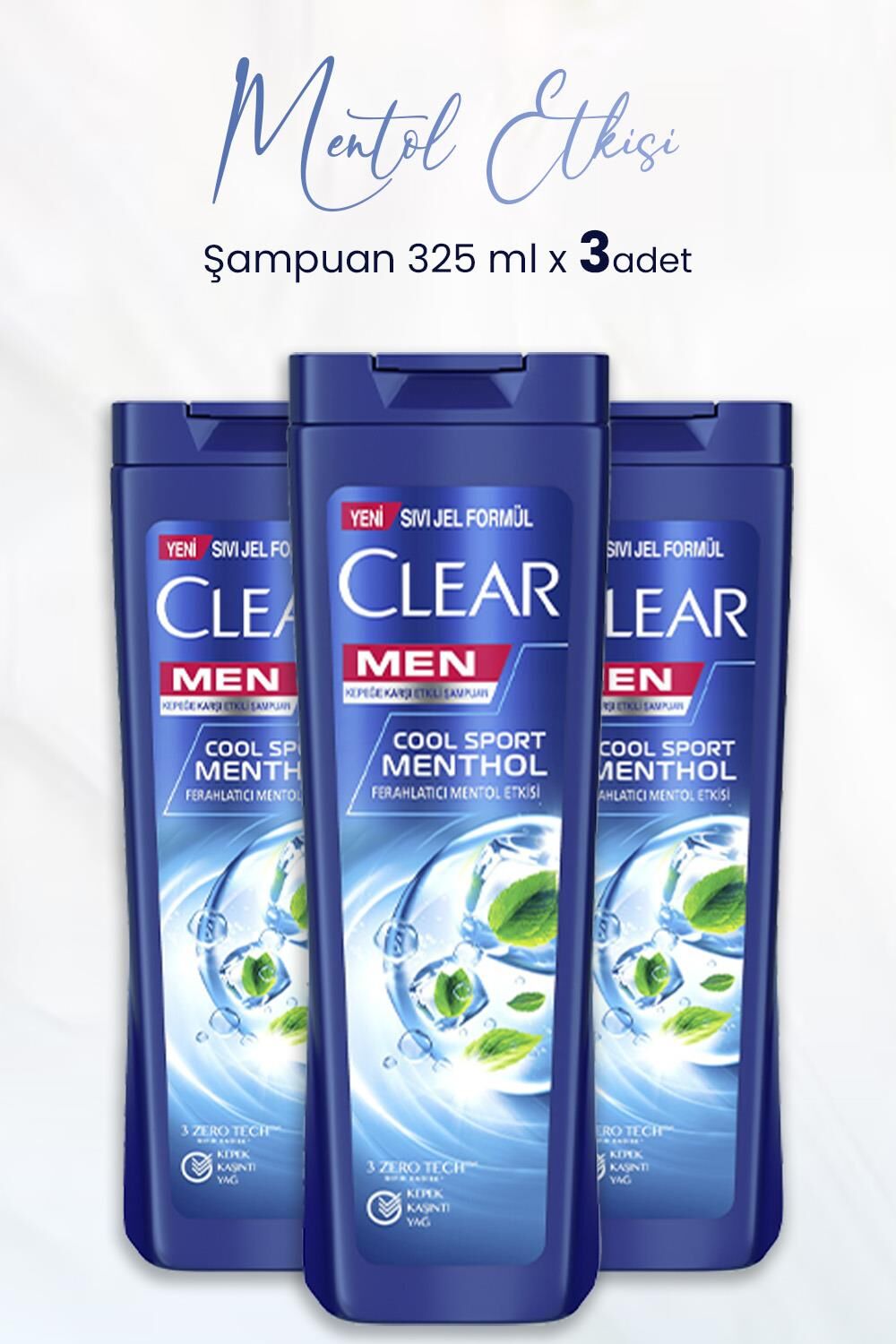 Clear Men Kepeğe Karşı Etkili Ferahlatıcı Mentol Etkisi 325 ml x 3 Adet