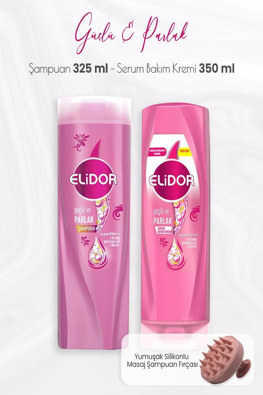 Elidor Superblend Güçlü ve Parlak Şampuan 325 ml, Serum Bakım Kremi 350 ml ve Masaj Şampuan Fırçası Pembe