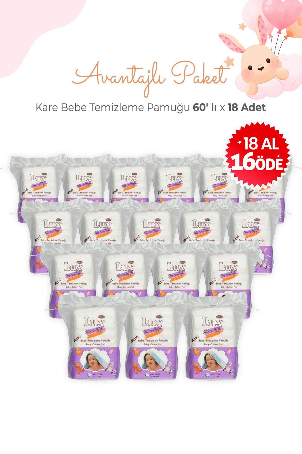 Lux 18 Al 16 Öde Kare Bebe Temizleme Pamuğu 60' lı
