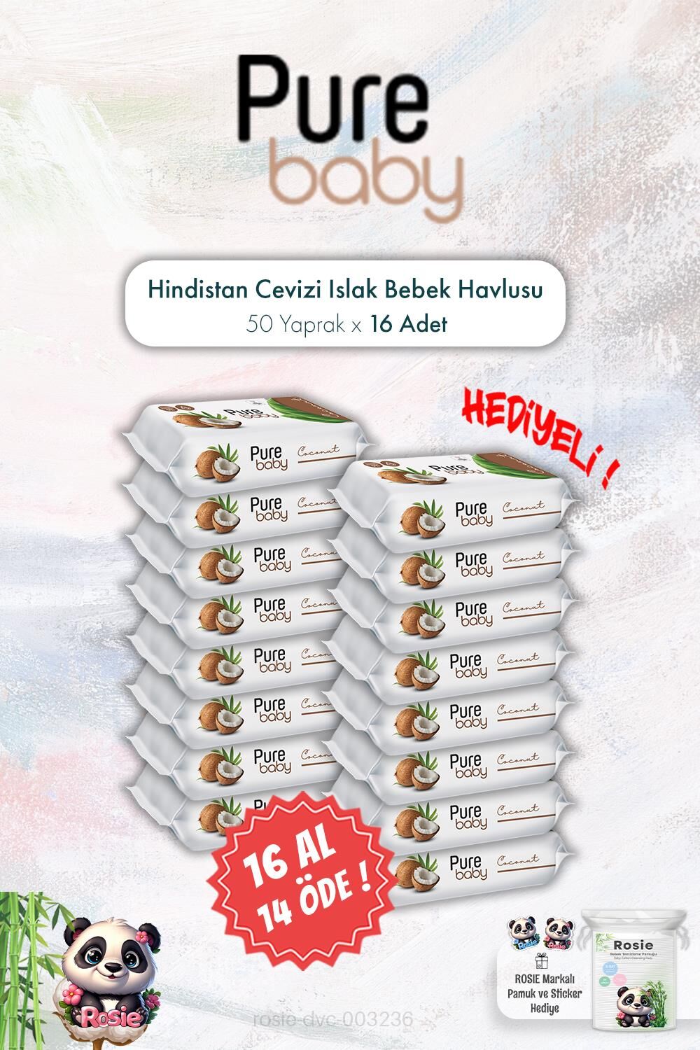 16 AL 14 ÖDE Pure Baby 50'li Hindistan Cevizli Islak Bebek Havlusu ve ROSIE