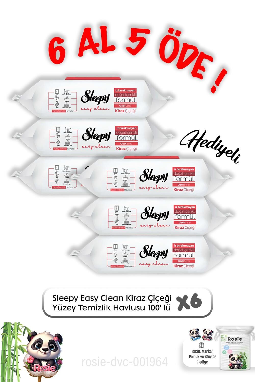 Sleepy Kiraz Çiçeği Yüzey Temizlik Havlusu 100' lü 6 Al 5 Öde ve Rosie Pamuk