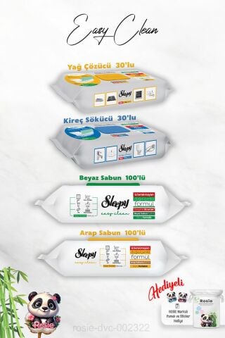 Sleepy 30'lu Kireç ve Yağ Çözücü, Arap ve Beyaz Sabun 100'lü Temizlik Havlusu ve Rosie Hediye